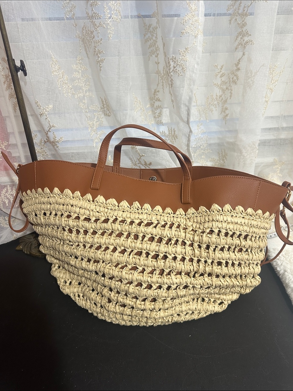 Anthropologie raffia leather-trim tote bag with shoulder strap